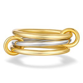 AllenCOCO 14K Gold Plated Stackable Rings, 3 Ring Set – Gold & Silver Stacked, Multi-Link Connected, Interlocking Band Ring for Women, Statement, Hypoallergenic, Non-Tarnish, Size 5
