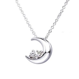 Sears e1625 Silver Necklace, Natural Diamond, 12 Birthstones, Crescent Moon, topaz,