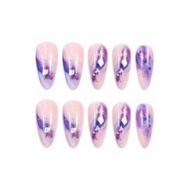 MISUD Almond Press on Nails Medium Fake Nails Glossy Glue on Nails Purple Ombre Acrylic Nail Supplies Stiletto Artificial Nail Art Bling Glitter Stick on False Nails with Design DIY 24 pcs