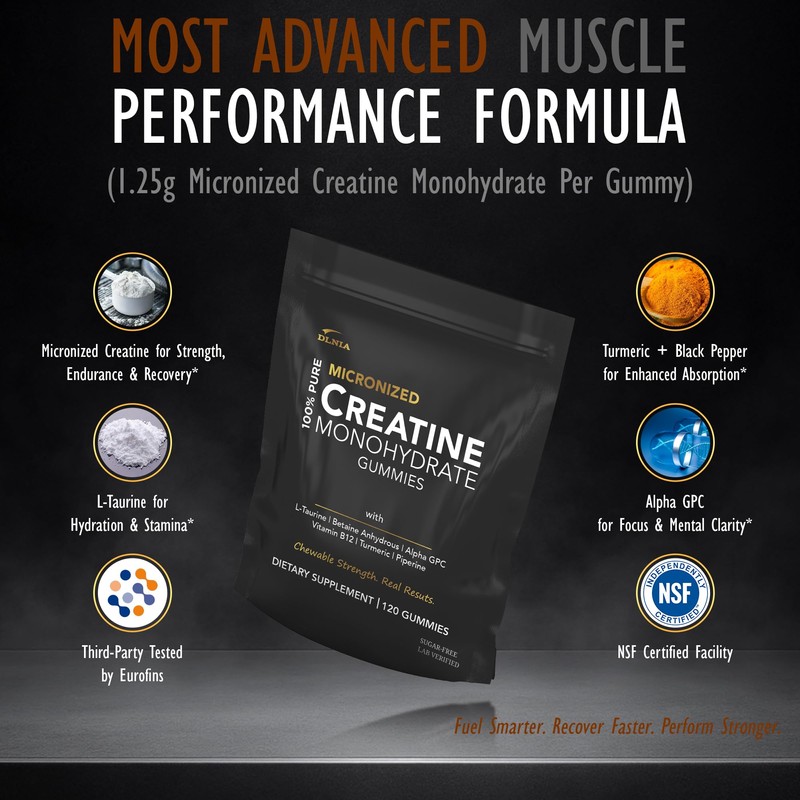 DLNIA 120 Creatine Monohydrate Gummies for Men & Women, Vegan-Friendly,