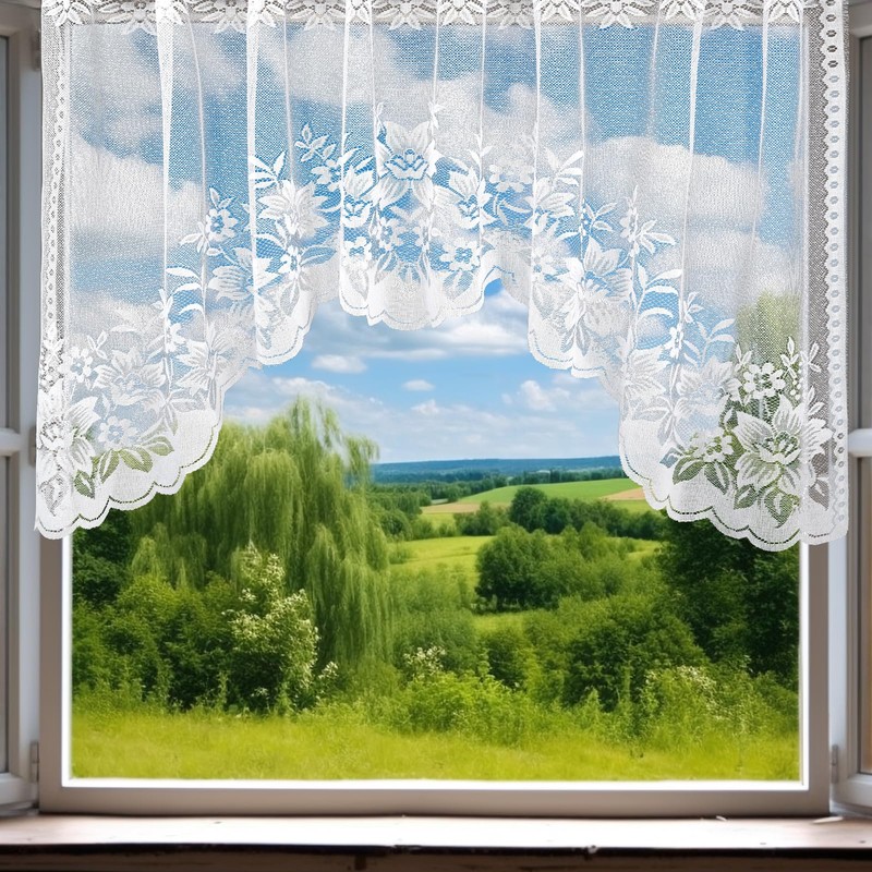 Molaxhome White Short Lace Cafe Valance Beautiful Semi Sheer Window