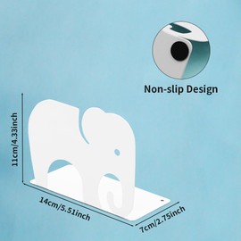 1 Pair White Elephant Metal Bookends,Creative Animal Little Elephant Nonskid Thickening Iron Book End Decorative Bookends Desk Organizer Holder for Kid Library Home School Office Decoration