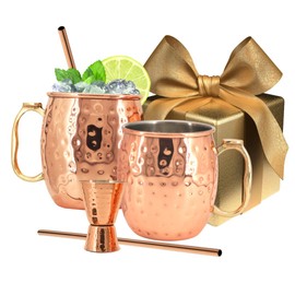 Kitchen Science [Gift Set] Moscow Mule Mugs, Stainless Steel Lined Copper Moscow Mule Cups Set of 2 (19 OZ) w/ 2 Straws & 1 Jigger | Tarnish-Resistant Stainless Steel Interior