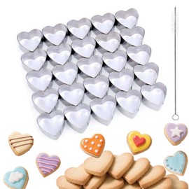 Cortadores de galletas de corazón de 25 cavidades, mini cortador de galletas en forma de corazón de acero inoxidable con cepillos de limpieza, cortadores de galletas, cortadores de verduras, hornear
