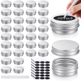 Patelai 100 Pcs Metal Tins 0.5 oz Screw Top Round Tin Cans Aluminum Tin Jar Lip Balm Tin Containers Bottle Empty Travel Cosmetic Tin Cans Container with 5 Sheets Label Stickers 1 Marker (Silver)