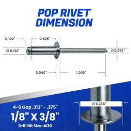 Fastenere Pop Rivets - 1/8" x 3/8" (100 pcs) Heavy Duty, Open-End, Low Carbon Steel, Dome-Head Blind Rivets, Corrosion-Resistant & High Shear Strength, 4-6 Gap 0.313"-0.375"