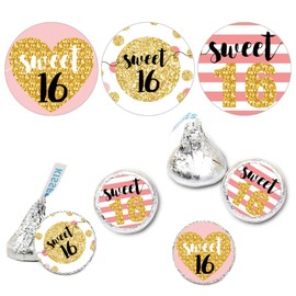 Sweet 16 Kisses Stickers, 16th Birthday Party Round Candy Sticker Favors, Pink Sweet 16th Birthday or Anniversary, Happy 16th Birthday Decorations, 180 Count