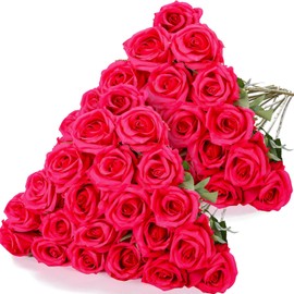 Hotop 40 Pcs Rose Artificial Flowers Bulk with Long Stem,Bouquet Roses,Realistic Silk Fake Roses for Home Wedding Centerpieces Party Table Decoration Valentines Gifts(Hot Pink)