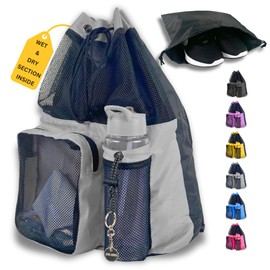 JIMJOOS Drawstring Mesh Swimming Bag - 25L Waterproof Swim Bag with Wet/Dry Compartment, Multifunctional Sports Backpack for Kids, Adults, Swimming, Surfing, Beach, Gym (GREY)