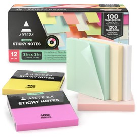 ARTEZA Sticky Notes, 3x3 Inches, 12 Pads, Bulk Pack of Assorted Multicolor Self-Adhesive Notes for Office, School & Home