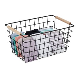 Relaxdays Metal Wire Basket, Wooden Handles, Square, Grid Design for Clothing and Accessories, HxWxD: 16 x 31 x 21 cm, Various Colours