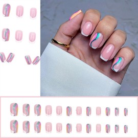 Medium Square Press on Nails White French Tips Fake Nails Nude Pink Acrylic Glossy False Nails with Pink Green Yellow Aurora Wave Curve Design Artificial Stick Glue on Nails for Women and Girls 24 Pcs