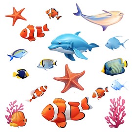 Ocean Sea Life Wall Decals, Marine Animals and Coral Stickers, Colorful Fish Decorative Set