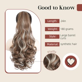 Finler Ponytail Extension, 24″ Long Claw Clip in Curly Wavy Pony Tails Hair Extensions Natural Looking Synthetic Hairpiece for Women - Light Brown with Highlights