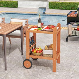Giantex Wood Bar Cart, 2 Tier Side Table with Large Wheels & Wine Bottle Rack, Home Bar Serving Cart with Teak Oil Finish, Indoor & Outdoor Mobile Beverage Cart for Home, Poolside, Patio
