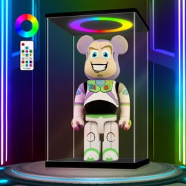 LANSCOERY Clear Acrylic Display Case with RGBW LED Light, Black Display Box with Open Door, Dustproof Showcase, Perfect for Figures Collectibles - 5.9x5.9x11.8 inch