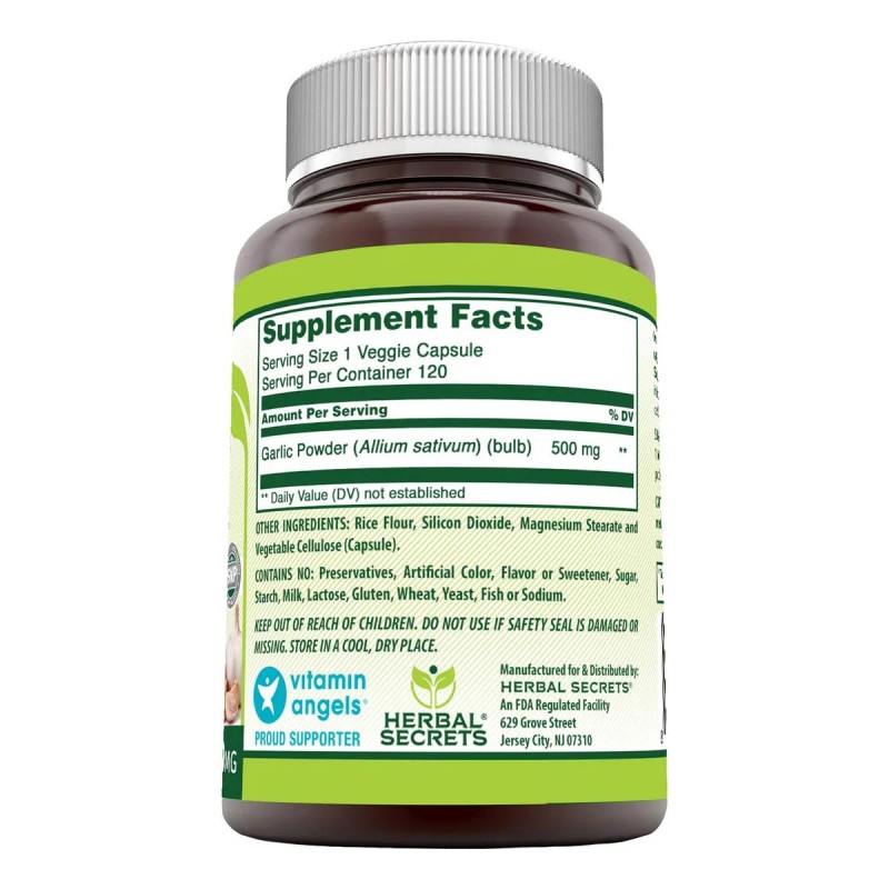 Herbal Secrets Garlic Ajo 500mg 120 Caps. Sabor Sin Sabor