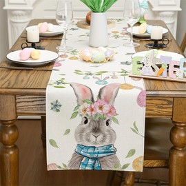 Easter Table Runner Flowers Bunny Eggs Easter Runner for Table, Seasonal Spring Summer Holiday Kitchen Dining Table Decoration for Indoor Outdoor Home Party Decor 13x72 Inch ZQ010