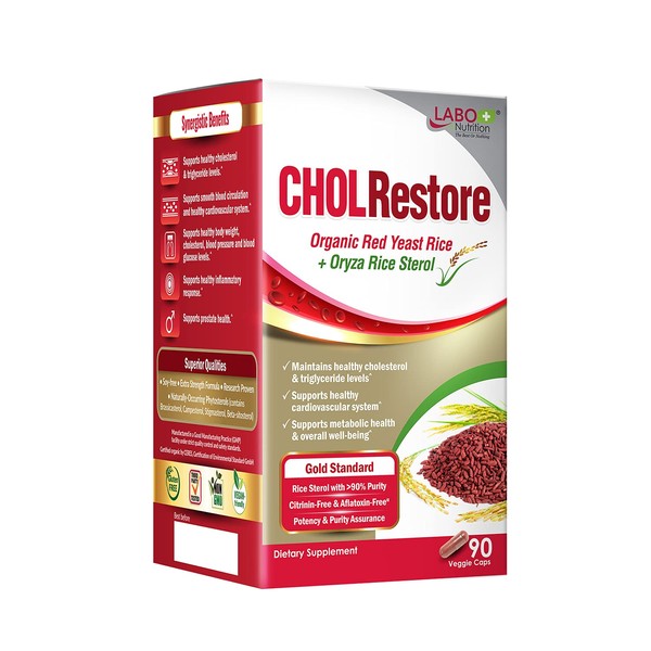 LABO Nutrition CHOLRestore – Red Yeast Rice with Phytosterol Health Supplement, Supports Healthy Cholesterol Levels & Cardiovascular System, Citrinin, Aflatoxin & Soy Free, 90 Vegetarian Capsules