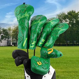 Golf Club Head covers Fairway Wood FW3 with Interchangeable Number Tag 3457X Elastic Closure Green PU Leather Clover
