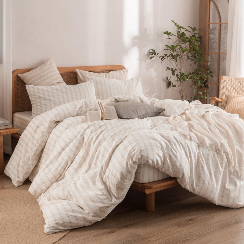 Striped Cotton Duvet Cover Set Linen Feel Queen