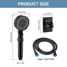 JurciCat Shower Head with Hose, Shower Head with Hose, 1.5 m Shower Hose with Shower Head, 6 Jet Types, with Pressure-Increasing Shower Head Holder, No Drilling (Black)