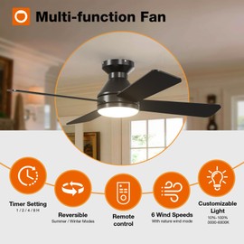 addlon Ceiling Fans with Lights, 42 inch Low Profile Ceiling Fan with Light and Remote Control, Flush Mount, Reversible, 3CCT Dimmable 4 Blades Black Small Ceiling Fan for Bedroom Indoor/Outdoor Use