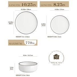 MALACASA Plates and Bowls Sets, 18 Pieces Modern Porcelain Dinnerware Set for 6 White Kitchen Dinner Ware Set wtih Black Rim Ceramic Dishware Dishes Microwave and Dishwasher Safe, Series LUNA