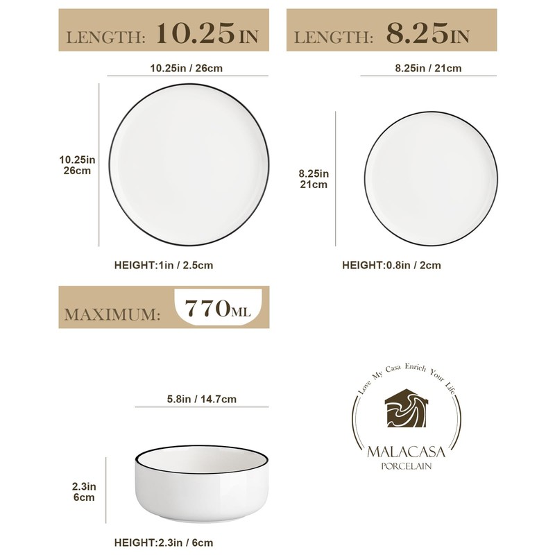 MALACASA Plates and Bowls Sets, 18 Pieces Modern Porcelain Dinnerware