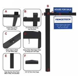 FENCETECH Vinyl PVC Real Estate Sign Post 6' Tall, Realtor Yard Sign Post, 47" Arm Holds Up to 36" Sign - Black (No Sign)