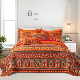 TWINRUN Cotton Quilt Queen, 3 Piece Boho Bedspread Queen Size(90 x 98 Inch)， Lightweight Vibrant Orange Red Bohemian Stripes Bedspread, Cotton Coverlet for All Seasons
