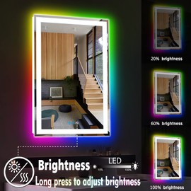 THEKLA 20 x 30 Inch Square Bathroom Vanity Mirror with Front Lights 3 Color + Rainbow Color Changing Light RGB Backlit Lighted Mirror for Bathroom Wall 30" Colorful Smart Light up LED Mirror Bathroom