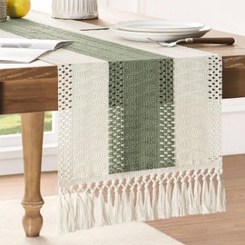 ZeeMart Macrame Style Bicolor Stitching Table Runner, 14 x 36 Inch Green/Ivory, Boho Sage Green Table Runners 36 Inches Long, Farmhouse Woven Home Decor