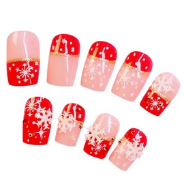 YONAIL Square False Nails with Glue Press On Nails 3D Snowflake Christmas Fake Nails Tips Full Cover Glue On Nail for Women Girls Xmas Sticker On False Nails 24pcs/set