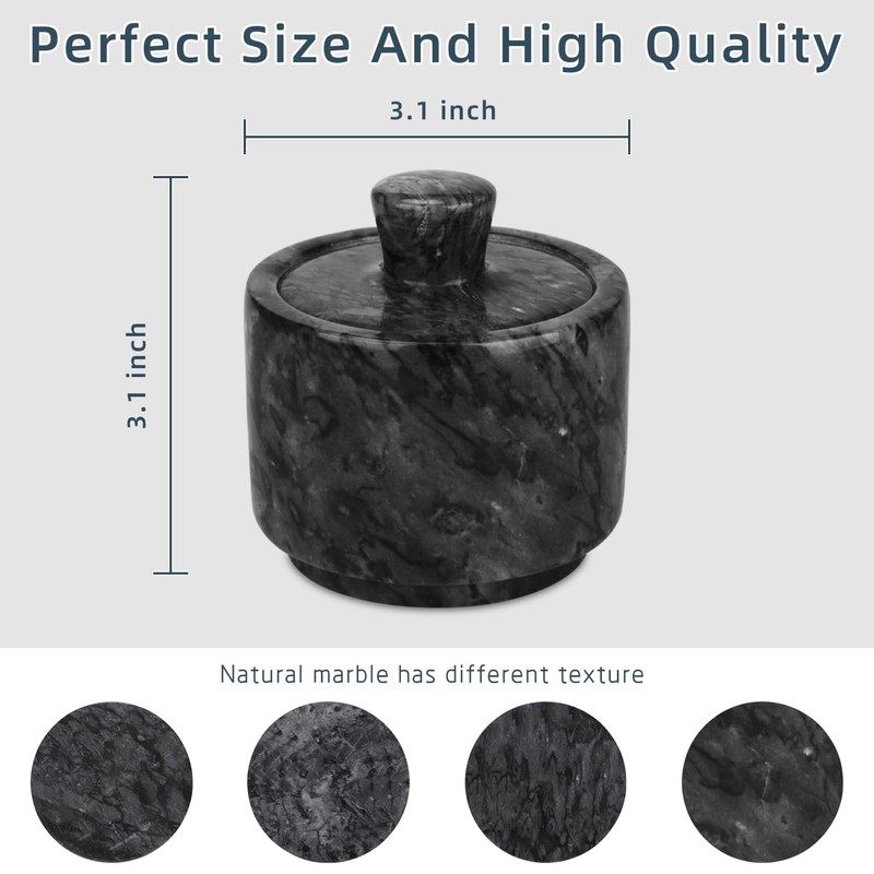 HESHIBI Marble Salt Cellar with Lid, White and Black Stone