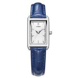 SINOBI Minimalist Causal Square Watch for Women Leather Strap Watch (Silver-Blue)