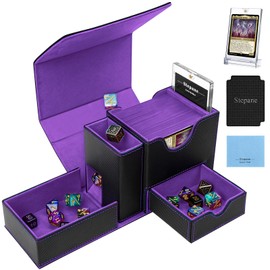 MTG Deck Box, Dice Tray & Tower 2 in 1 MTG Commander Deck Box Fits 120+ Single Sleeved Cards, Leather Magnetic Closure Card Deck Box with Magnetic Card Holders&Base for TCG, CCG, Black/Violet