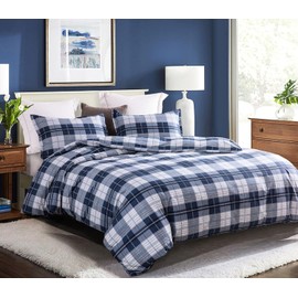 SLEEPBELLA Cotton Queen Size Comforter, 600 Thread Count Cotton Navy Blue & Grey Buffalo Pattern Blue Plaid Comforter Sets,Down Alternative Bedding Set 3Pcs (Queen, Navy Plaid)