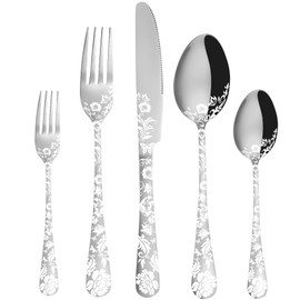 Vilihkc 20 piece Peony Flower Pattern Design Silverware Set, Stainless Steel Flatware Set Service for 4, Silver Cutlery Set, Mirror Polished Utensil Set for Kitchen, Dishwasher Safe
