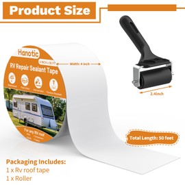 Hanotic RV Roof Tape with Roller, 4 Inch x 50 Feet Sealant Repair Tape, UV Resistant & Weatherproof for RV Repair, Camper, Trailer, Boat Sealing, Leaking Roof, Window (White)