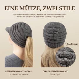 TOP-EX Chicpony Beanie Women's Wool Warm Winter Hat with Fleece Lining Knitted Hat with Peak Ponytail, 96589_Grey, Unit size