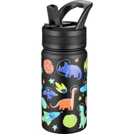 Fanhaw 420 ml Kids Insulated Water Bottle with Straw - Stainless Steel Double Wall Vacuum Cup, Leakproof, BPA Free, Suitable for Boys and Girls(Black - Space Dinasour)