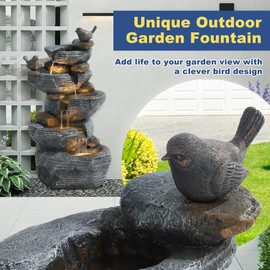 MAGIC UNION 5-Tier Cascading Rock Birds Water Fountain, 26" H Outdoor Freestanding Fountain with LED Lights and Pump, Outdoor Garden Waterfall Decor for Patio, Yard and Deck Decor, Natural Stone Look