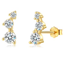 Sterling Silver Stud Earrings for Women, Cubic Zirconia Ear Curve Climber 3 CZ Cluster Cartilage Earrings Upper Ear Helix Piercing Tragus Studs for Girls Gifts, Gold
