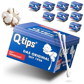 Q-tips Pflege-Wattest√§bchen mit Papierschaft, W√ºrfelbox, Vorteilspack (9x 206 St√ºck), 100% biologisch abbaubar, Baumwolle ohne Plastik, Reinigung der Ohren, Abschminken und Korrektur von Makeup