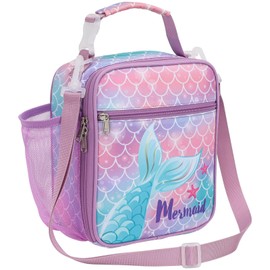 Bagseri Kids Lunch Bag with Shoulder Strap - Insulated Crossbody Girls Lunch Box for School & Travel, Reusable Large Meal Tote with Bottle Holder, Fits Bento Box, Purple Mermaid Tail