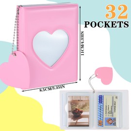 FRIUSATE 3 Inch Kpop Photocard Holder Book, Mini Photo Album with Love Heart Pendant, Pink, 32 Pockets