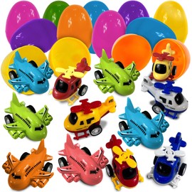 stargo 16 Pack Colorful Prefilled Easter Eggs with toys - mini Aircraft, pull-back Helicopters & Airplanes, Bright Plastic Easter Eggs Filled, Basket Fillers Egg Hunts, Party Favors, Boys Goodie Bags