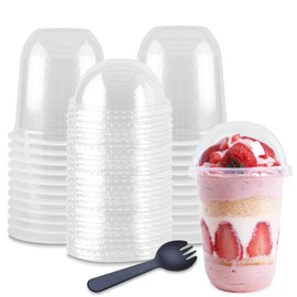 TOFLEN 50Sets 16 oz Clear Plastic Parfait Cups with Dome Lids No Hole and Sporks Disposable Party Serving Cups for Desserts, Yogurt Parfait, Fruit, Ice Cream, No Leaking To-Go Breakfast Snack Cups