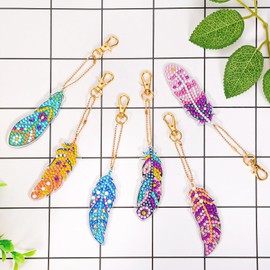 JSRQT 6 Pcs Diamond Art Painting Keyrings, DIY 5D Diamond Pasted Keychains Feather Pattern, Full Drill Diamond Keyrings Pendant, Double-Sided Rhinestone Keychains Set, for Purse, Bag